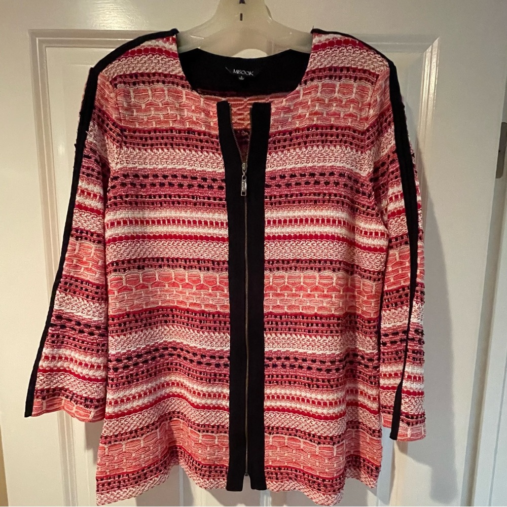 Misook zipper jacket, red/pink/black/white knit, 3/4 sleeve, black trim, size L